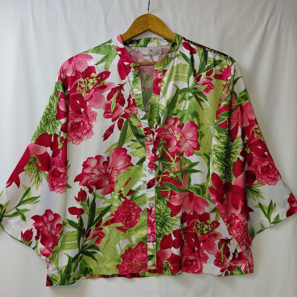 N By Natori Bright Floral Blouse Women's Size Medium‎ Pink Green